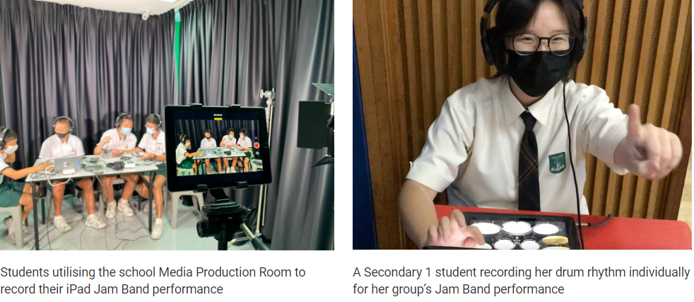 Students in a media room recording a band performance on iPad, and a masked student with headphones playing a drum pad.